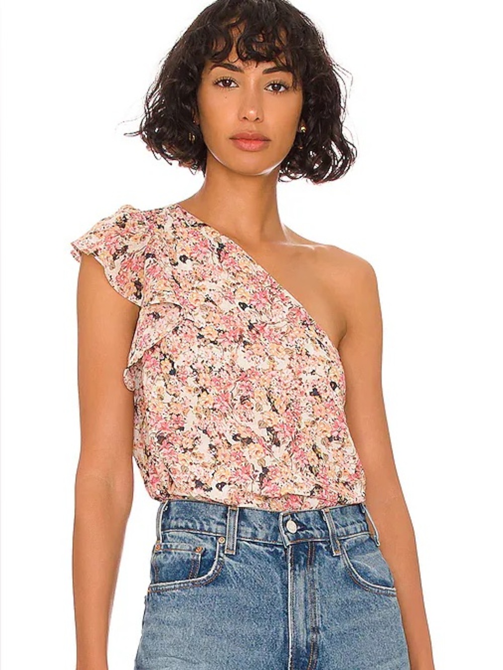 Revolve 1. State One Shoulder Ruffle Chiffon Top, Pink Tuscan Wildflower – M